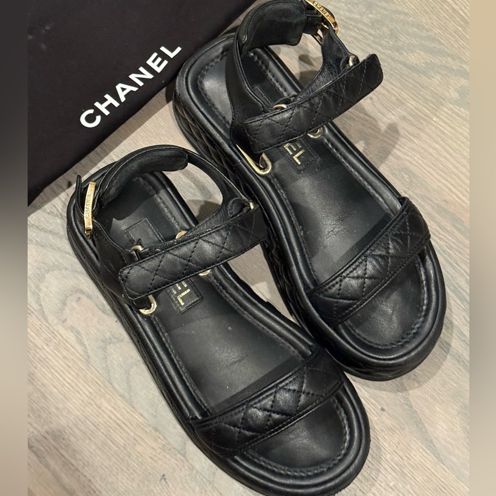 Chanel Quilted Dad Sandals-Black Lambskin Leather, Gold Hardware EU 36.5 or 7